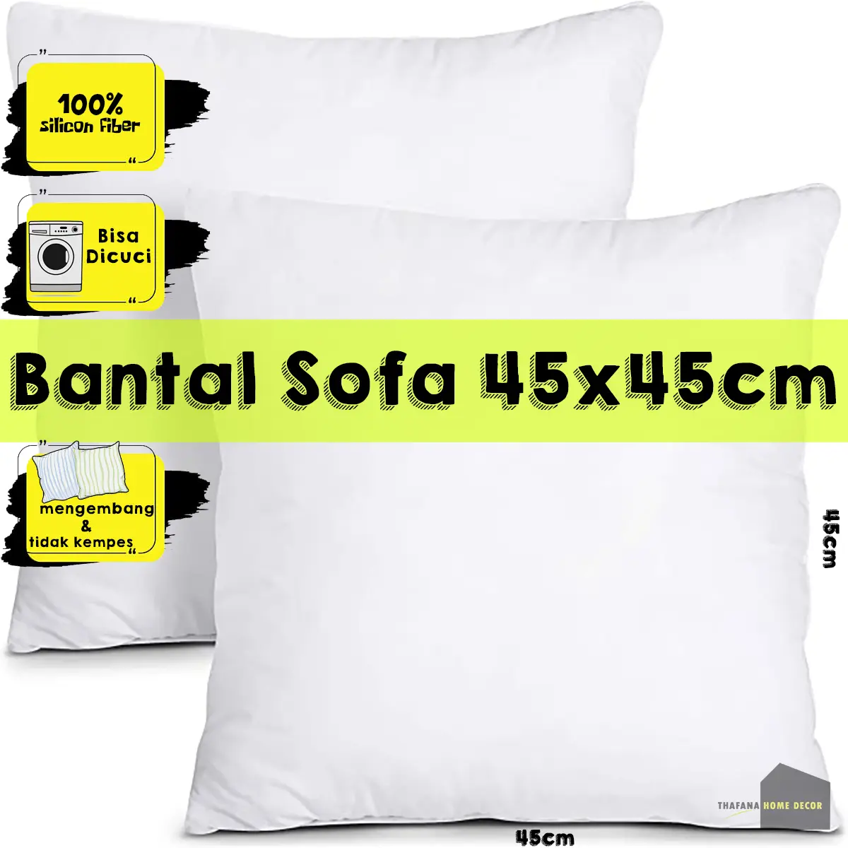 Bantal Sofa Ukuran 45x45 cm - 100% Isi Silicon Grade A - Kain Halus Warna Putih Bersih