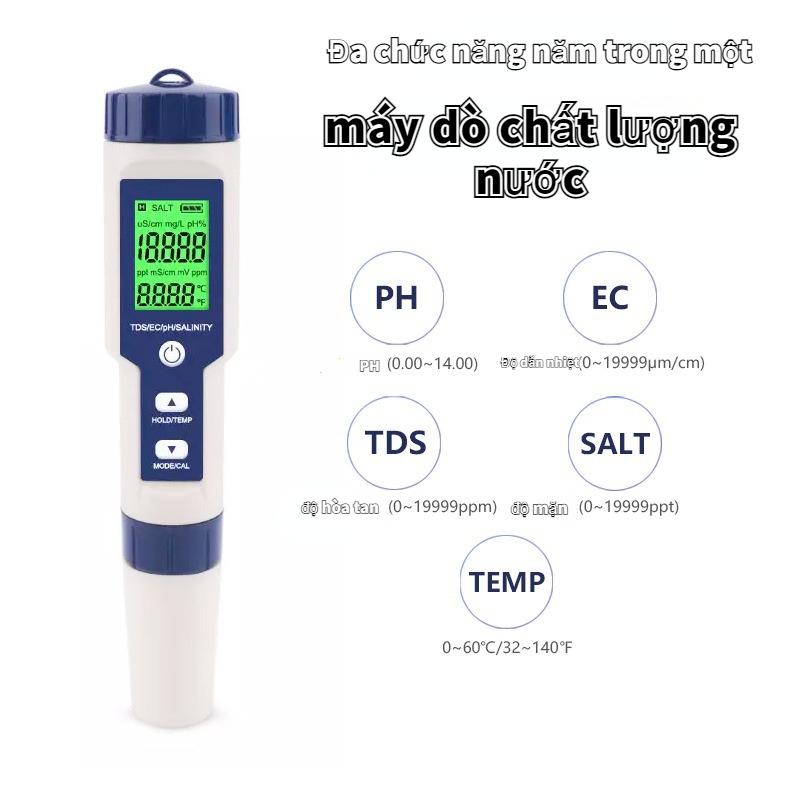 [Miễn phí vận chuyển] Bút kiểm tra chất lượng nước, máy đo độ mặn nước 5 trong 1 pH/TDS/EC/độ mặn/nhiệt độ, tặng kèm 3 túi pH tiêu chuẩn