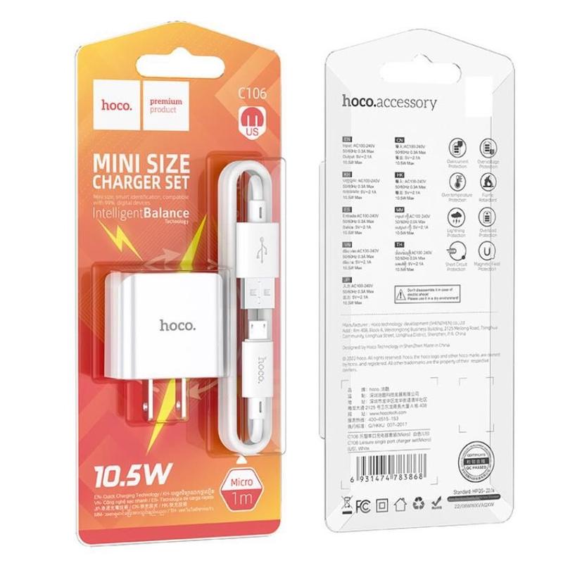 Bộ Củ Sạc Nhanh chống qúa tải nhiệt Siêu bền . Hoco C106 .Công suất 2.1A Cốc 1 Cổng .Đủ 3 chân cắm USB-Micro/USB-Type-C/USB-iPhone chân cắm tiêu chuẩn