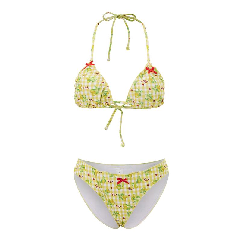 Bộ Bikini Nữ, 2 Mảnh, In Họa Tiết Kẻ Sọc Quả Chanh, Có Nơ, Cổ Yếm Ren, Viền Lưng, Thích Hợp Để Tắm Bra 7