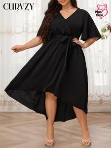 CURVZY Plus Size Autumn Aesthetic Plain High Low Hem Butterfly Sleeve Belted Dress, Elegant Wrap V Neck A Line Dress for Party Holiday Daily Wear, Women's Plus Clothing for Summer