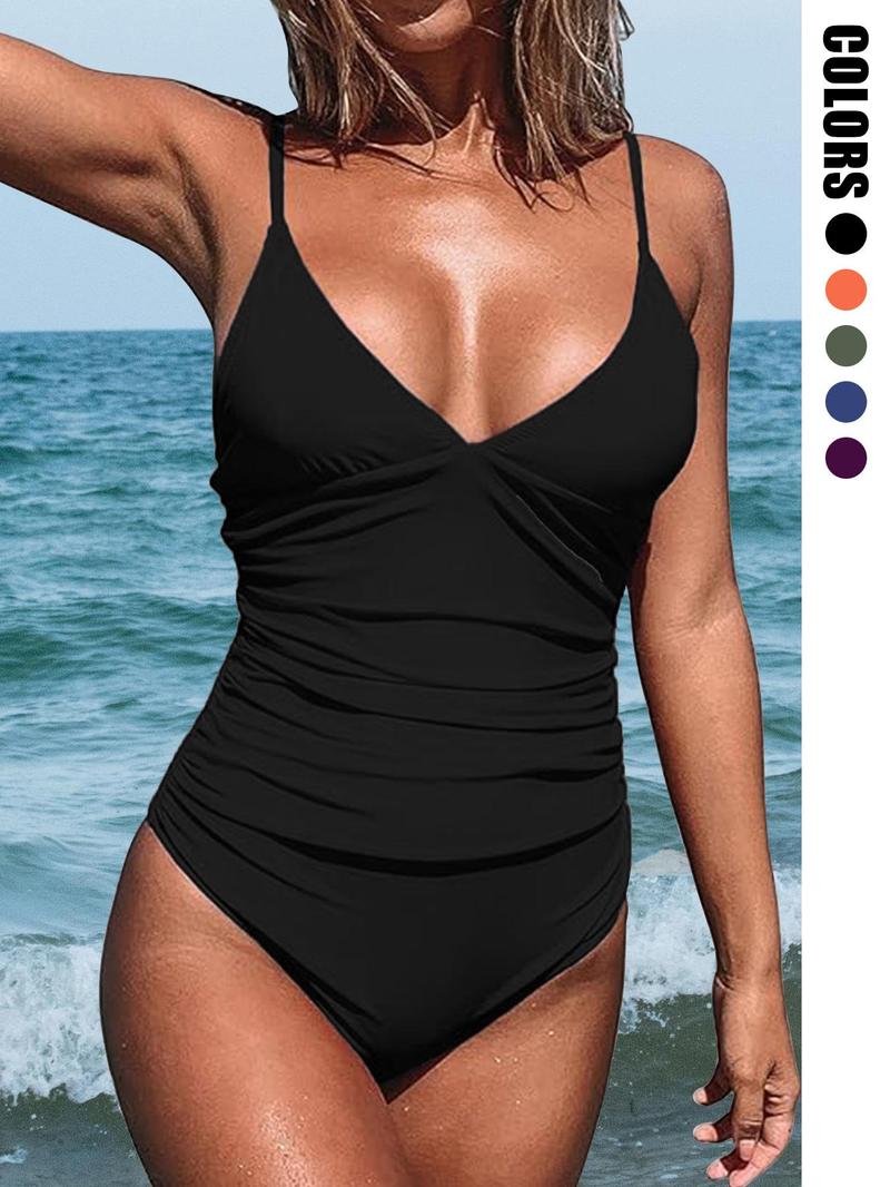 Product Introduction of Women's Solid Color Cami One-piece Swimsuit, Casual Sleeveless Swimwear for Beach Holiday Vacation, Ladies Swimsuit for All Seasons 4