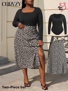 CURVZY Plus Size Solid Square Neck Autumn Aesthetic Bodysuit & Ditsy Floral Print Split Thigh Skirt Two-piece Set, Casual Long Sleeve Bodysuit & High Waist Skirt for Daily Wear, Women's Two-piece Outfits for Spring & Fall