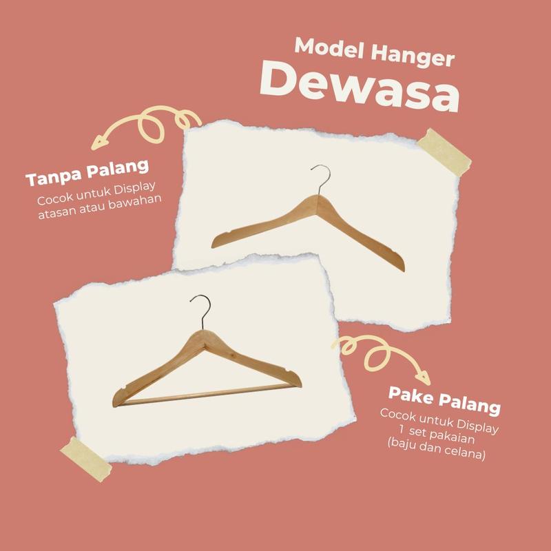 Hanger Kayu Aesthetic Ukuran Dewasa Dengan Palang dan Tanpa Palang Satuan Warna Natural Untuk Display Pakaian 0