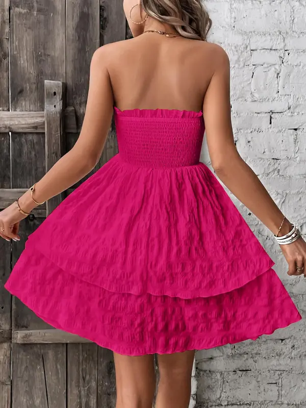 Women's Textured Frill Shirred A Line Dress, Boho Sleeveless Strapless Knee Length Dress for Beach Holiday Vacation, Ladies Summer Clothes, Summer Outfits 2024 5