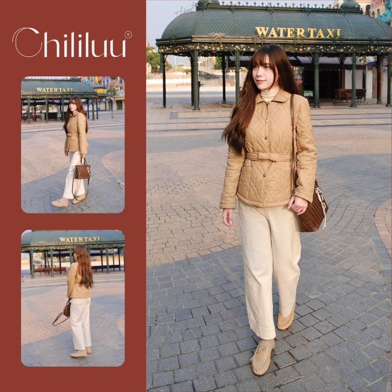  Áo khoác nữ Chililuu áo khoác trần bông form suông thắt đai họa tiết quả trám phong cách Hàn Quốc thanh lịch 