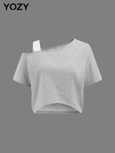 YOZY Women's Patchwork Print Asymmetrical Neck Crop Tee, Casual Short Sleeve T-shirt for Daily Wear, Ladies Clothes for All Seasons