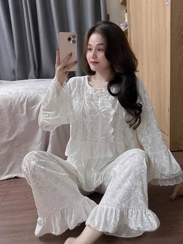 Bộ ngủ nhung cổ tròn xinh mặc nhà, bộ ngủ tiểu thư cao cấp, đồ ngủ quảng châu MS 517 0