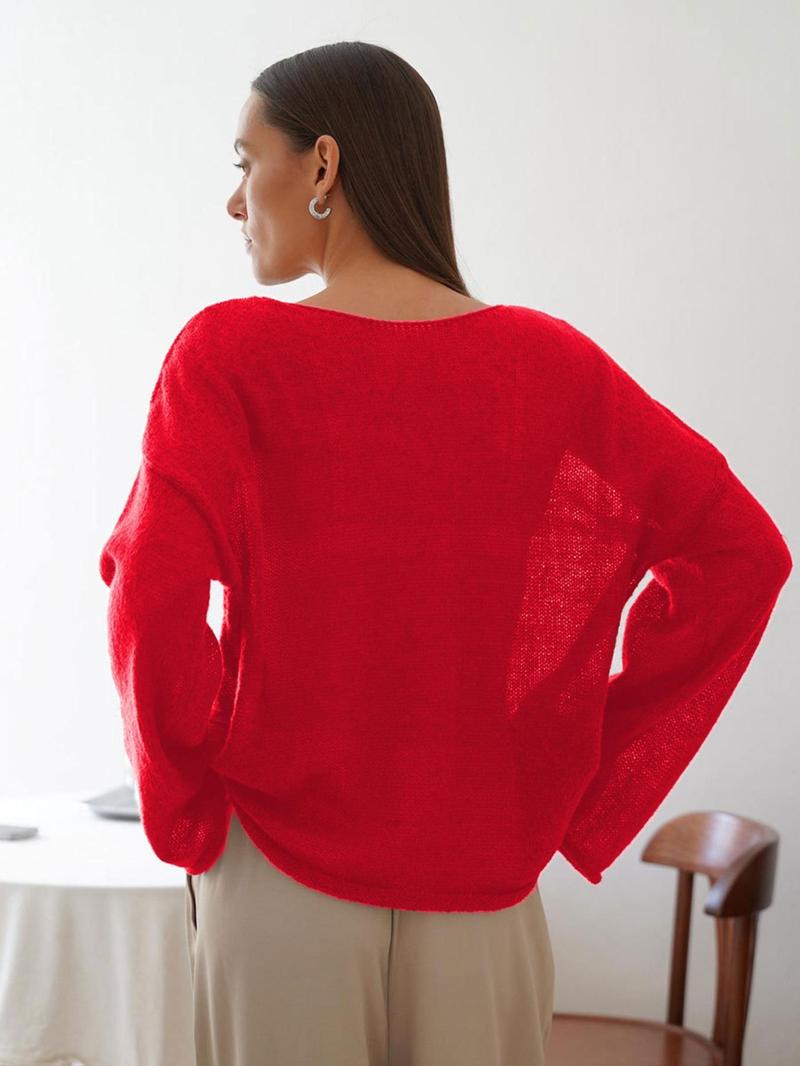 Product Introduction of Women's Plain Sheer Drop Shoulder Sweater, Casual Long Sleeve Boat Neck Jumper for Spring & Fall, Fashion Women's Knitwear for Daily Wear 7