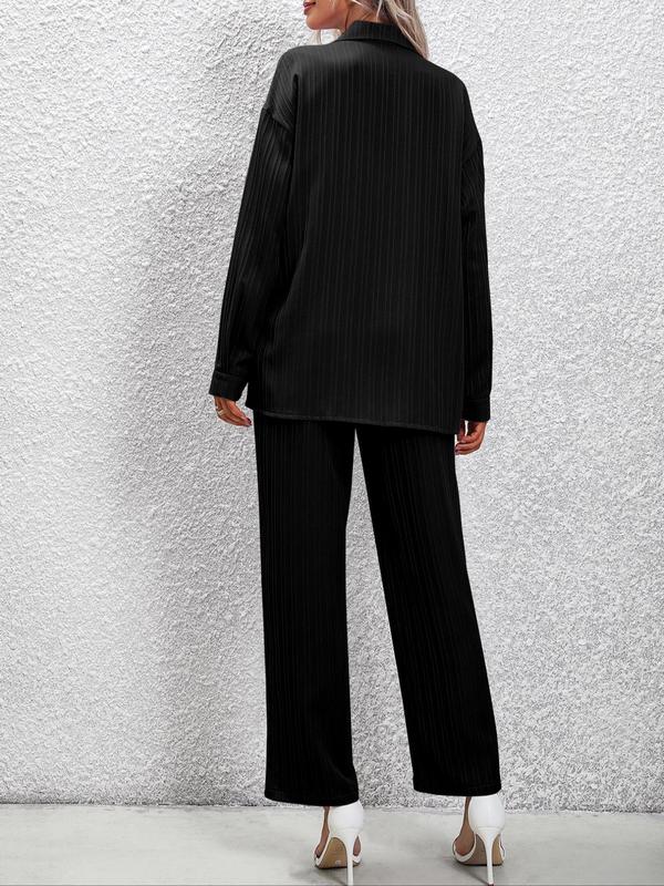 Women's Button Front Blouse & Elastic Waist Pants Set without Cami Top, Drop Shoulder Long Sleeve  Tops & High Waist Wide Leg Trousers Matching Set for Spring & Autumn, Summer Sets, 2 Piece Sets Women, Summer Outfits 2024, Co-ord Set for Women 7