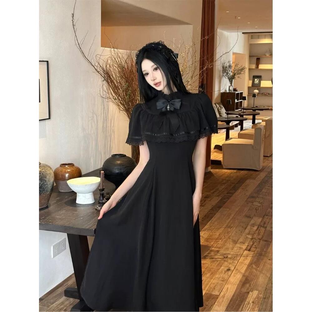 CHICMORE Gaun maxi lengan pendek dengan pita cantik di kerah warna solid elegant
