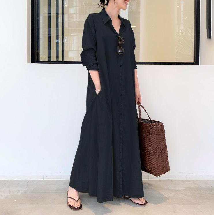 Product Introduction of Women European and American style cotton linen solid color lapel long sleeve insert bag simple loose casual long shirt dress 47