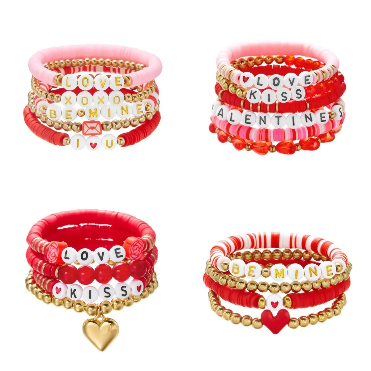Europe and America Cross Border Valentine's Day Bracelet Multi-Layer Twin Pink Love Pendant Bracelet Polymer Clay Beaded Stretch Bracelet