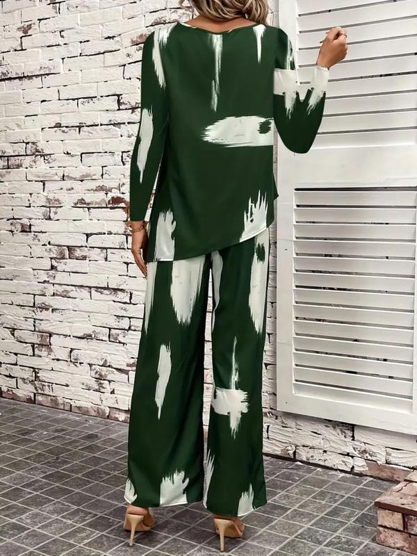 Plus Size Pop Art Print Asymmetrical Hem Blouse & Pocket Wide Leg Pants, Round Neck Long Sleeve Top & Trousers, Women's Two-piece Outfits for Daily Wear 3