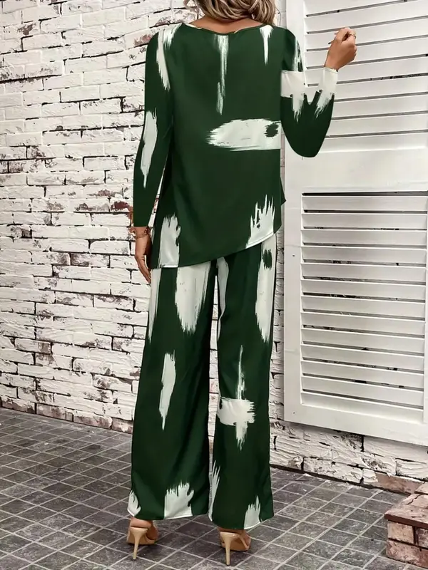 Plus Size Pop Art Print Asymmetrical Hem Blouse & Pocket Wide Leg Pants, Round Neck Long Sleeve Top & Trousers, Women's Two-piece Outfits for Daily Wear 3