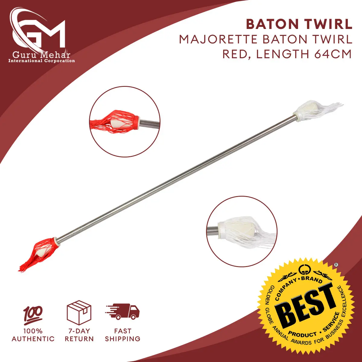 Red Twirling Baton for Majorette Aluminum Handle Length White Tip with Colored Tassel 25 inches/63.5cm