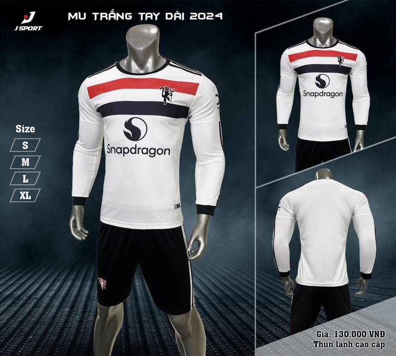  Bộ quần áo MU trắng đỏ tay dài mới nhất 2024 2025 logo thêu thun lạnh cao cấp A1 