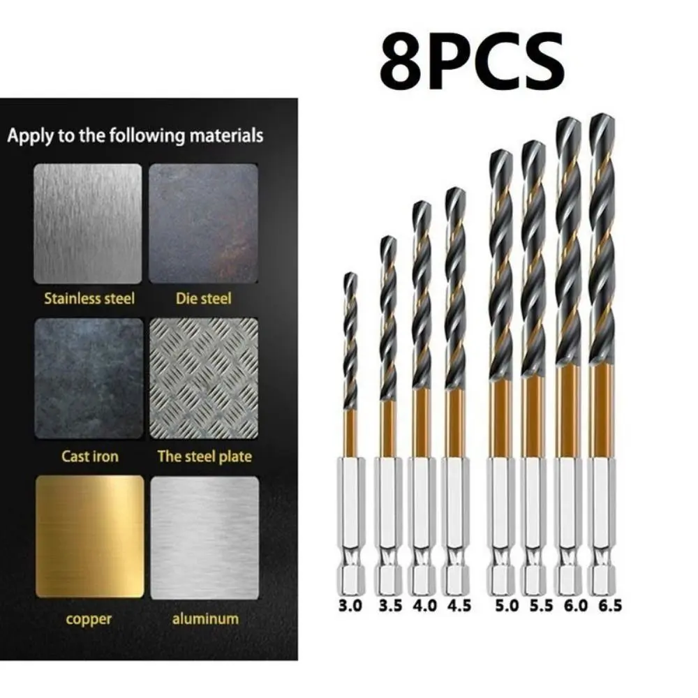 8PCS New 3-6.5mm Titanium Coated Drill Bit Set Durable HSS High Speed Steel 1/4 Hex Shank Drill Long Lasting Hexagonal Handle Twist Drill For Metal Drilling