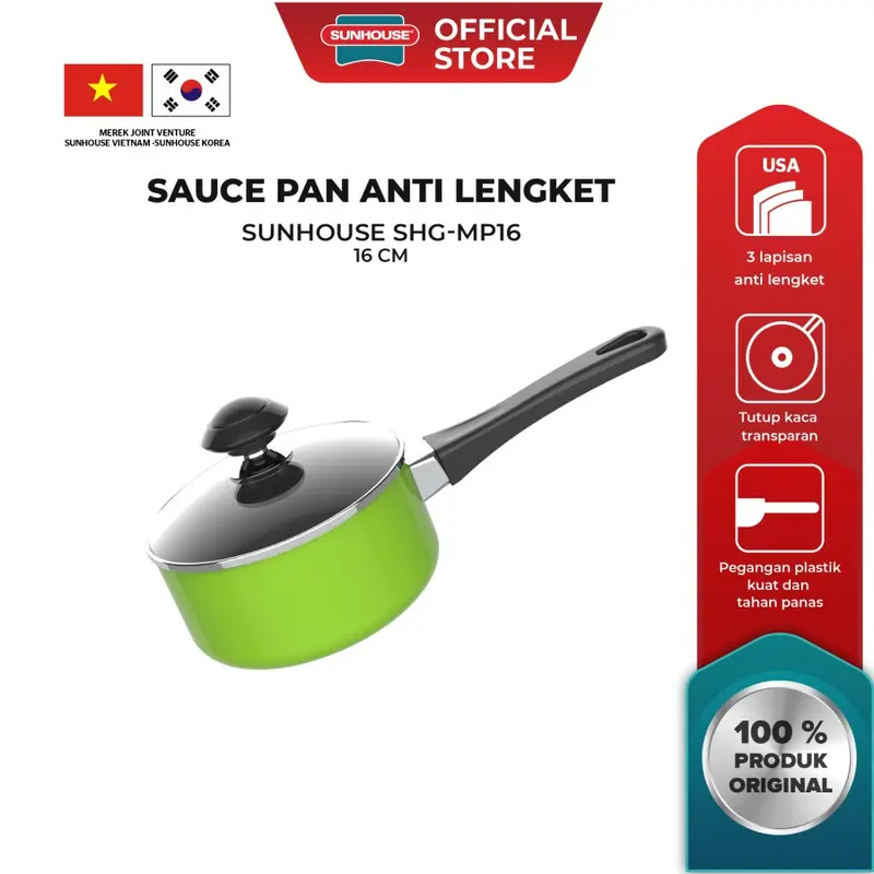 Sunhouse SHG-MP16 Panci Saucepan+Tutup Kaca Anti Lengket Hijau 16cm 1 Pcs Aluminium Dapur 0