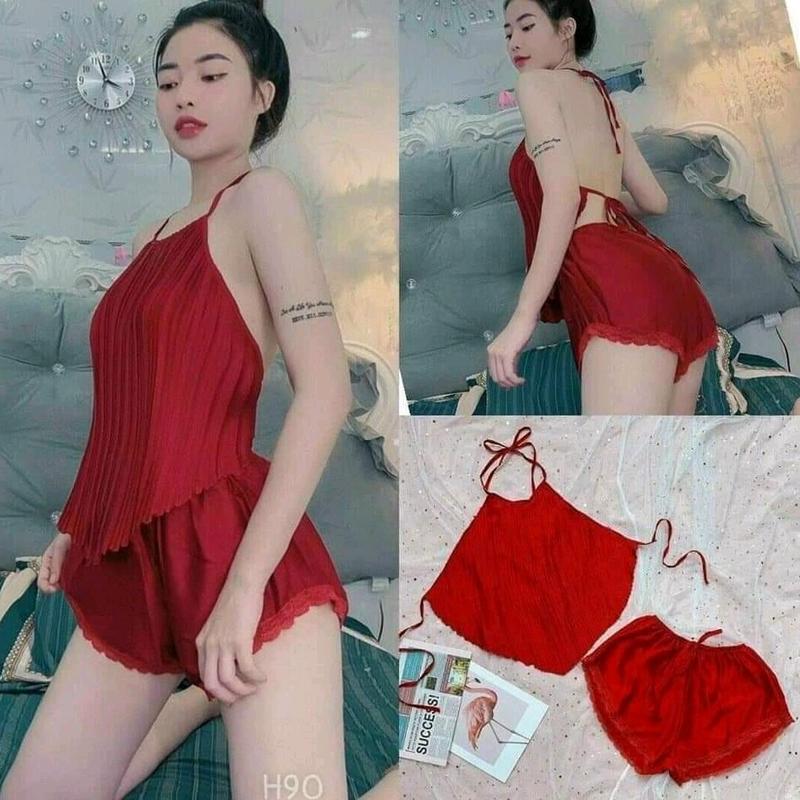 Yếm ngủ dập li - Đồ ngủ Nữ sexy vải phi bóng Áo yếm quần đùi phom 40-55kg Xanh Lá đỏ đen trắng hồng xanh xám vàng