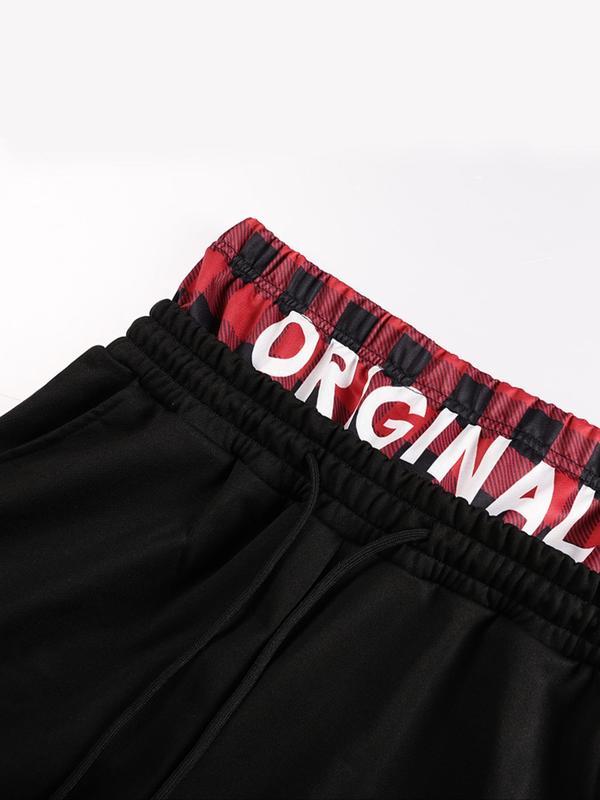 Unisex Letter & Plaid Patchwork Drawstring Waist Pocket Sweatpants, Casual Street Jogger Pants for Fall & Winter, Unisex Bottoms for Daily Wear 3