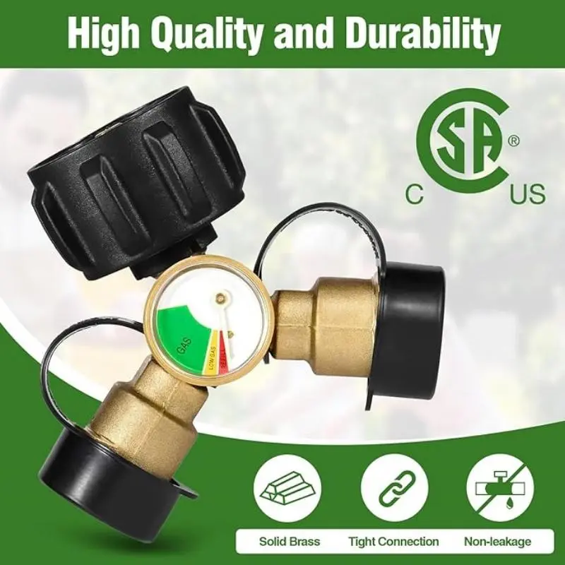 Propane Tank Splitter with Gauge & Shut Off Valve, 2 Way Propane Splitter Adapter, Propane Hose Splitter Manifold for Camping Stoves, Heater, BBQ Grill, Gas Burner 4
