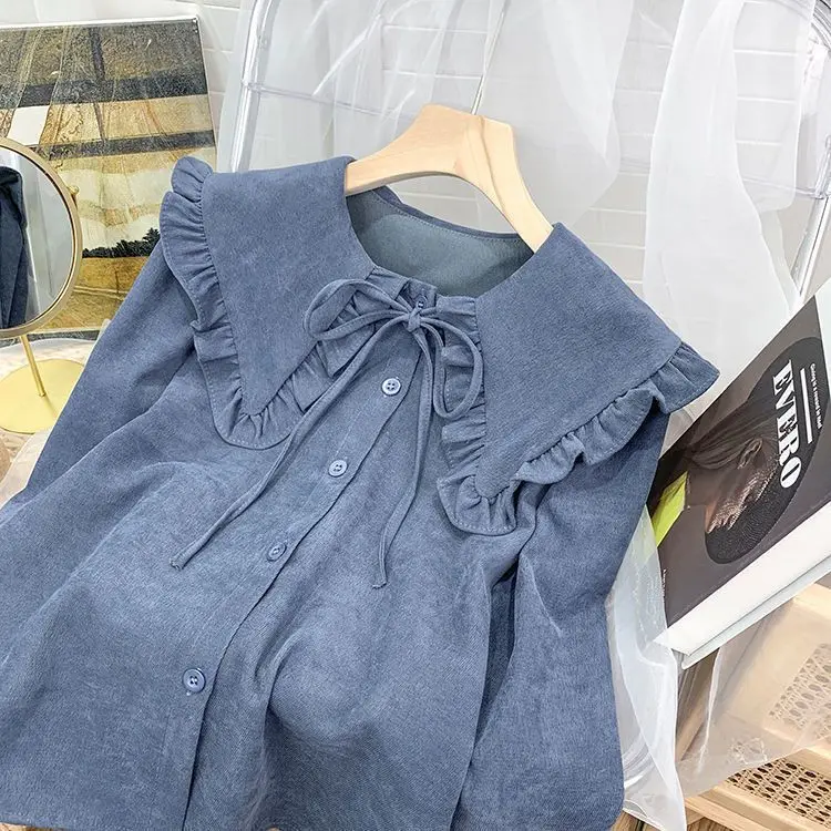 Lotus leaf edge doll collar corduroy long-sleeved shirt women's autumn design sense niche Korean chic foreign style top fat