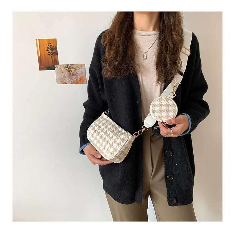 Product Introduction of Female Vintage Plaid Printing Shoulder with Mini Round Purse Pendant Women Casual Small Crossbody Bags 2pcs Composite 13