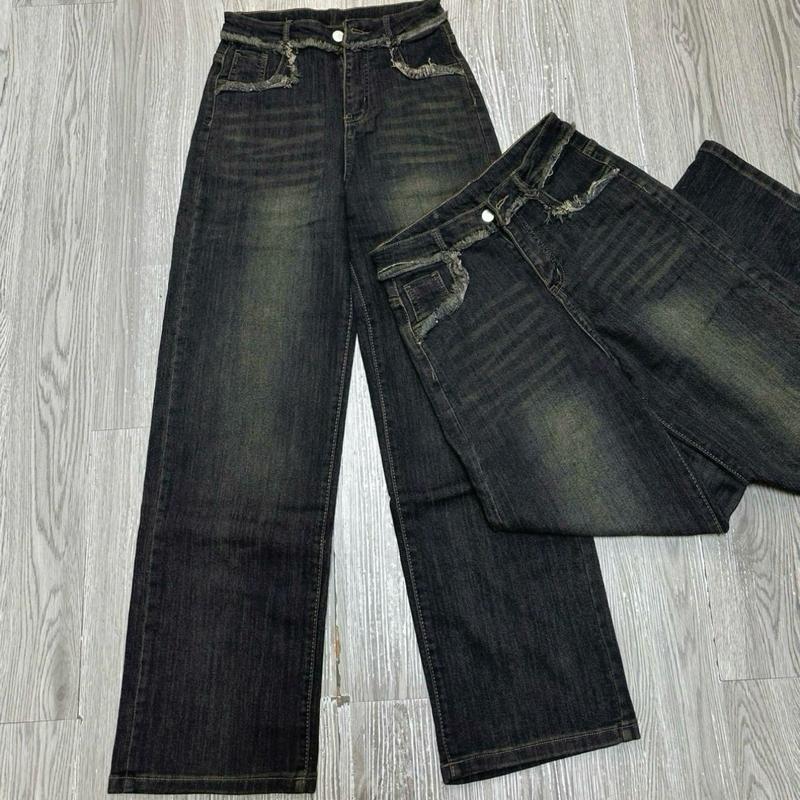  863 BIGGSIZE Quần jeans ống suông nữ cạp cao quần jeans ống rộng basic phối viền Women Pants Ong Có Túi 