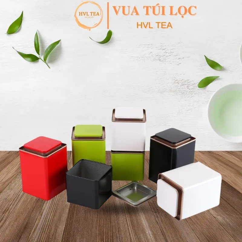 Hộp trà thiếc vuông cổ thấp, chống bụi, giữ hương vị trà - HVL TEA 0