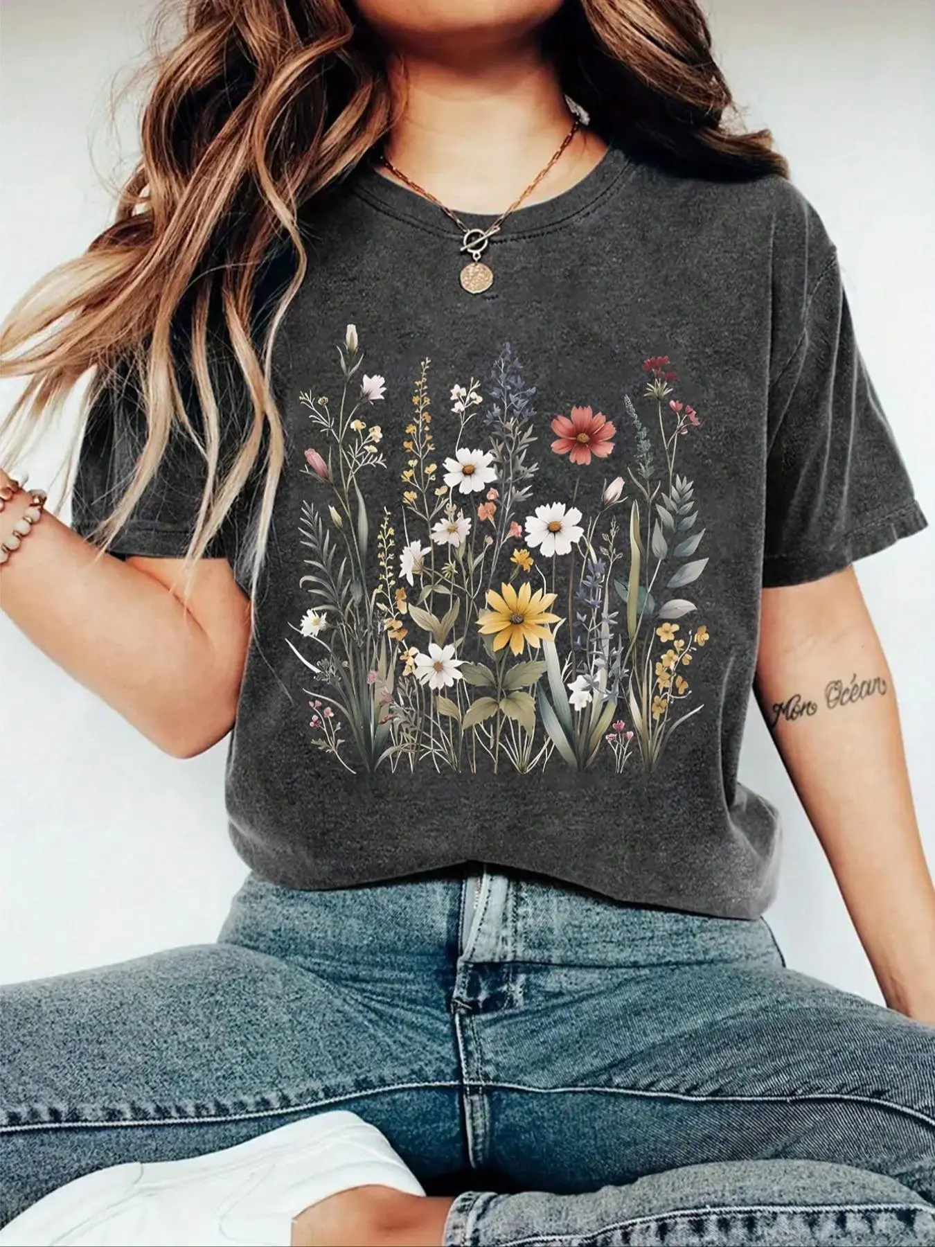 Women's Floral Print Round Neck Tee, Casual Drop Shoulder Short Sleeve T-shirt, Ladies Summer Clothes, Tops for Women, Clothing