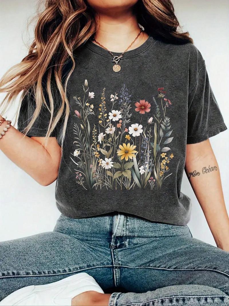 Product Introduction of Women's Floral Print Round Neck Tee, Casual Drop Shoulder Short Sleeve T-shirt, Ladies Summer Clothes, Tops for Women, Clothing 6