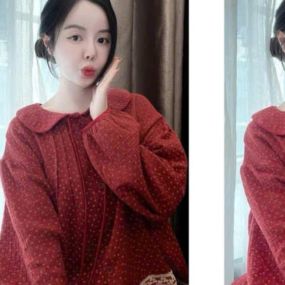 N73- Pijama dáng dài tiểu thư bánh bèo chấm pi đỏ cổ yếm thắt nơ- Bộ ngủ mặc nhà hàng quảng châu cao cấp