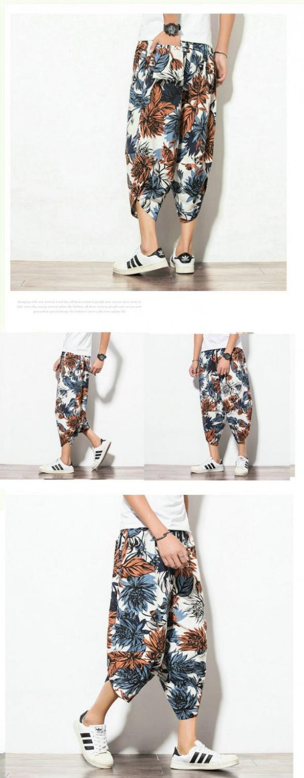Product Introduction of Wind Cotton Linen Harem Pants Summer Beach Cropped Pants Men's Loose plus Size Bloomers Wind Flower Pants Trendy sweat  shorts jorts  pants linen  shorts  men 9