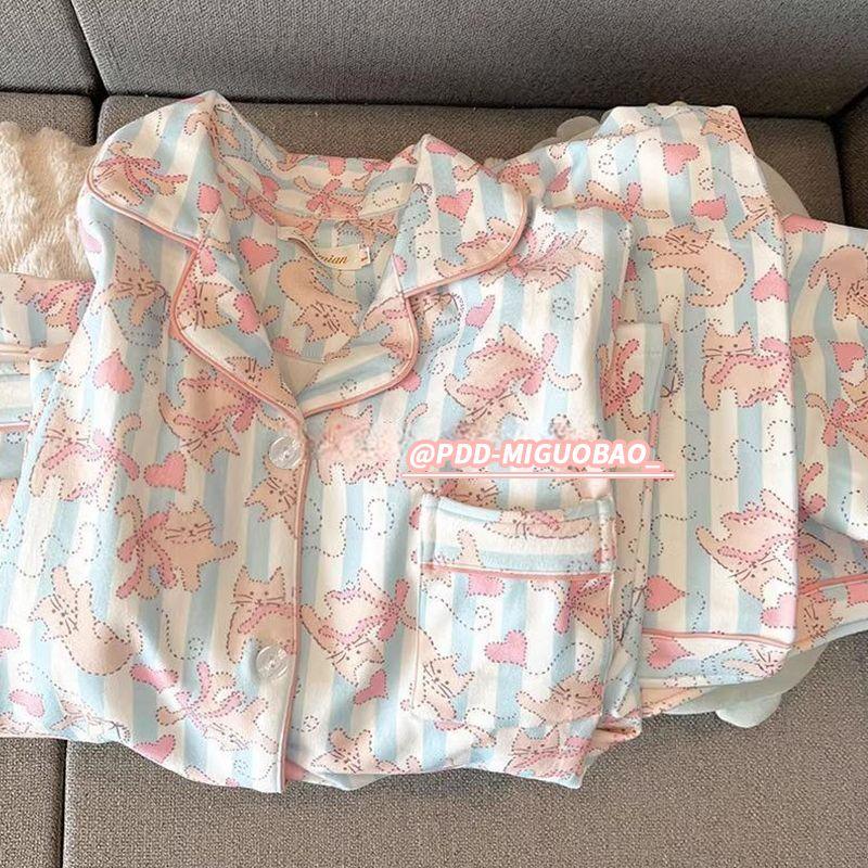 Bộ Đồ Ngủ Dài Tay Cho Nữ, Thiết Kế Hình Mèo Sọc Ins Dễ Thương, Thích Hợp Cho Mùa Xuân Và Mùa Thu, Hàng Mới Về, Thích Hợp Cho Sinh Viên Ký Túc Xá Mặc Ở Nhà, Áo Mặc Bên Ngoài Mùa Hè