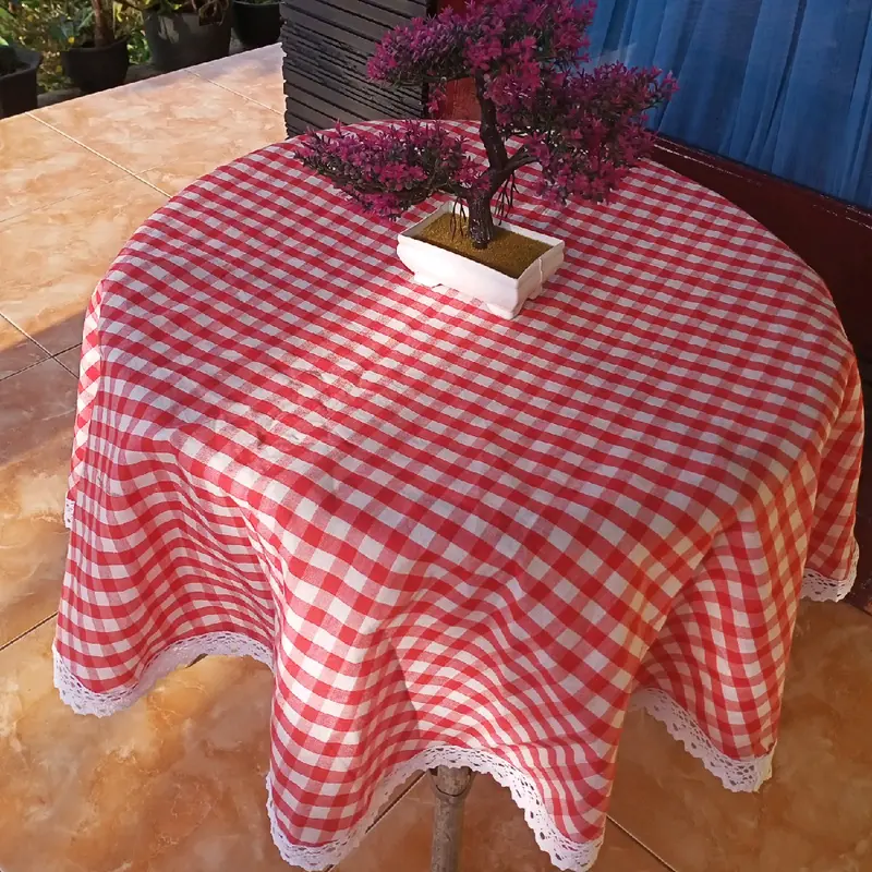 taplak meja bulat renda rajut estetik kekinian motif kain kotak kotak Gingham Ala korea 0