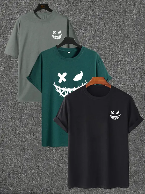 Unisex Men's Cartoon Face Print Drop Shoulder Tee, Regular Fit Casual Short Sleeve Round Neck T-shirt for Summer, Graphic Tees, Men's Clothes for Daily Wear 3
