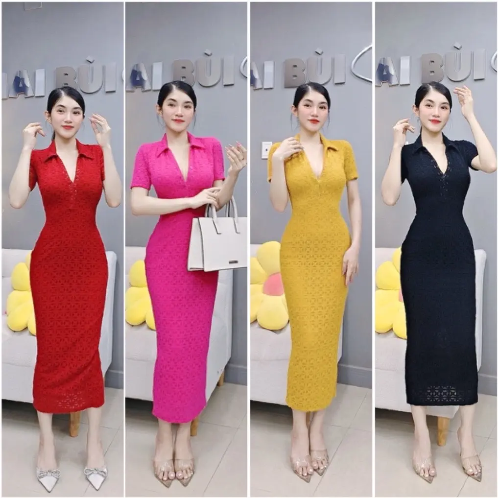 D106 - ĐẦM BODY SƠ MI NÚT CÀI LÔNG VŨ