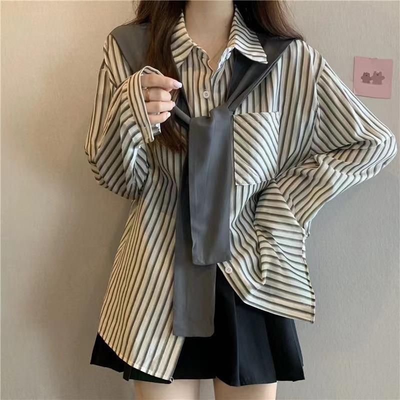 Áo sơ mi khăn kẻ sọc hàng Qc K8 Nữ Top Women Shirt Kem somisoc aoxinh hot 3