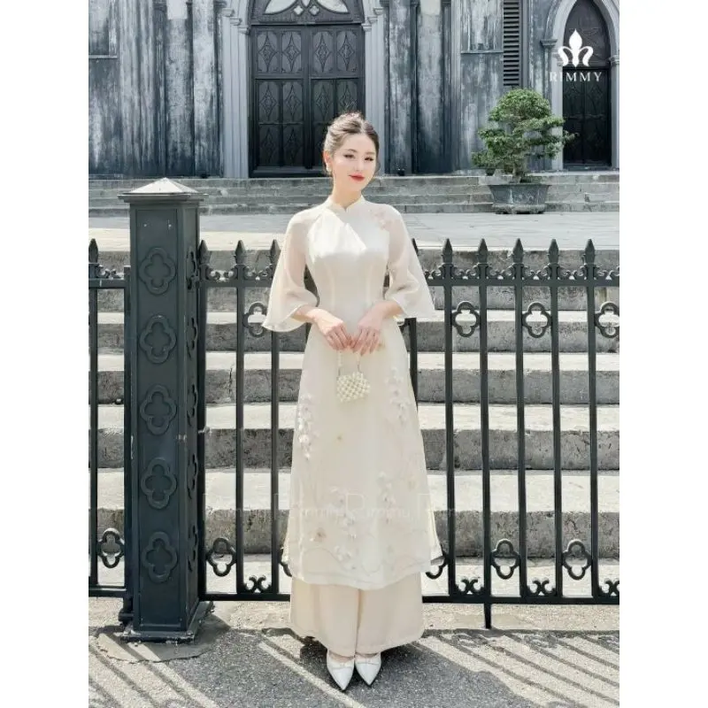 Set Áo Dài Cách Tân Tơ 4 Tà Đính Kết Hoa Trắng  Ôm Dáng Đủ Màu Xinh Tươi - Diện Tết Cực Đẹp Cho Các Nàng - Áo Dài Mieso