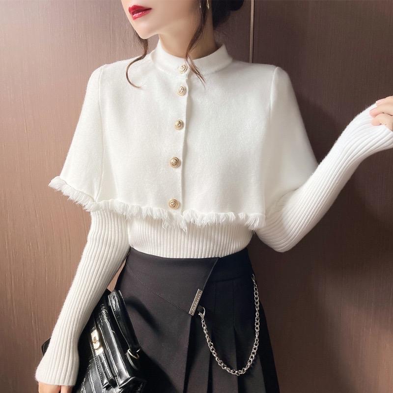  Set áo len nữ gồm áo len dài tay cổ tim vạt nhọn mĩx áo choàng tua rua sang chảnh 