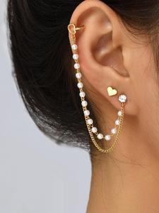 Women's Elegant Rhinestone Decorated Heart Shaped Earrings, Earring Stacking Set, 2pcs Fashion Faux Pearls Decor Earrings Jewelry for Party, Daily Clothing Decor, Trendy All-match & Exquisite Jewelry for Birthday Gift, Valentine's Day, Gift