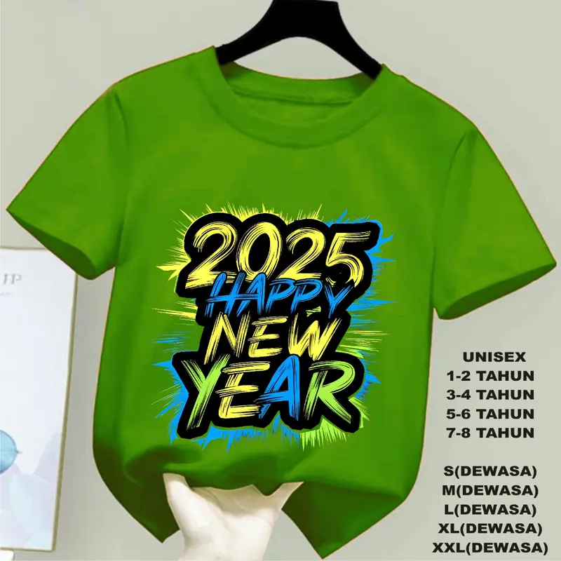 KAOS HAPPY NEW YEAR 2025 TULISAN DTF, KAOS ANAK ANAK, KAOS DEWASA UNISEX , KAOS OBLONG 4
