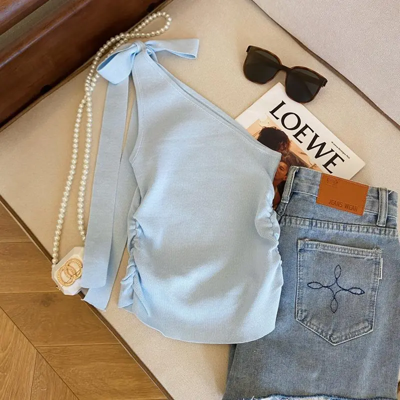 Chic Sweet Hot Girl Lace-up Bow Shoulder Knitted Camisole Women's Summer Pleated Sleeveless Small Top