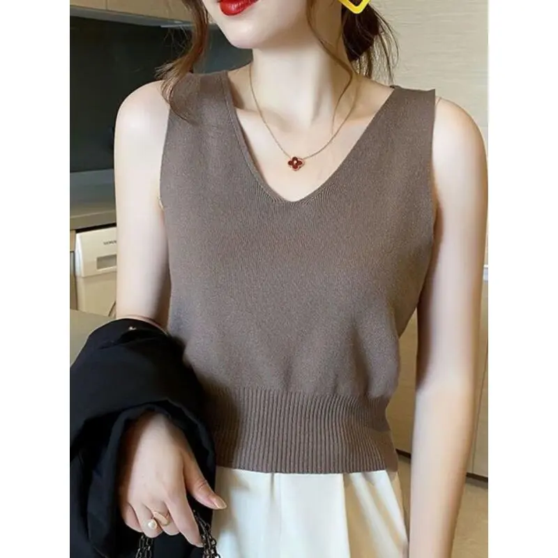 Áo Mặc Bên Trong Mùa Hè, Áo Vest Cổ Chữ V, Đồ Len SG Nhỏ Sang Trọng Kiểu Pháp, Áo Mặc Ngoài, Dành Cho Nữ, Lớp Cơ Sở Phù Hợp, Chất Liệu Lụa Lạnh Top Women Tua Rua