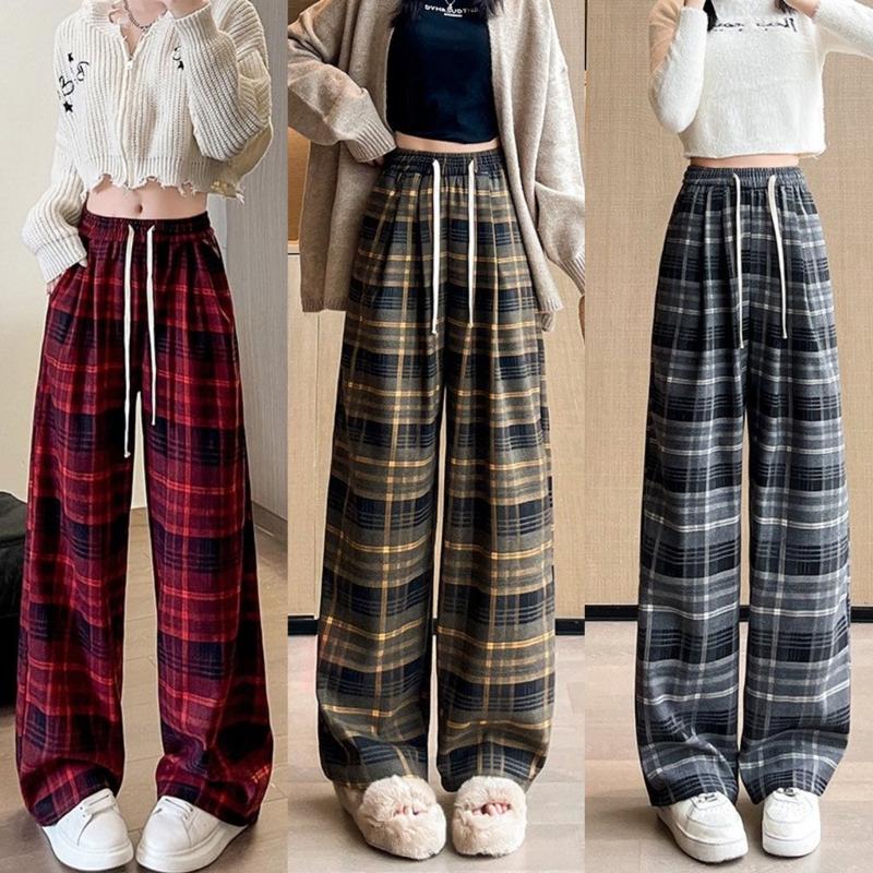Quần Kẻ Sọc Caro Nữ Baggy Pants Women Ống Rộng Ulzzang Cạp Chun Lưng Cao - Mã MH666 quancaro flannel Ong đỏ quần sọc chất thô Máy có thể giặt được.