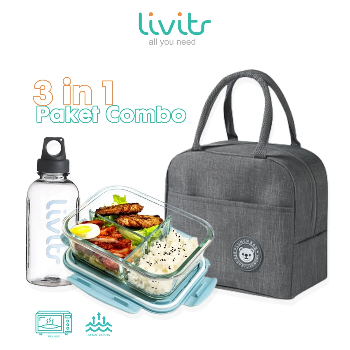 Livits Lunch Box Kaca 2 & 3 Sekat Kotak Makan Kaca Tebal Kedap Udara 960 ML & 1000 ML Biru Pink