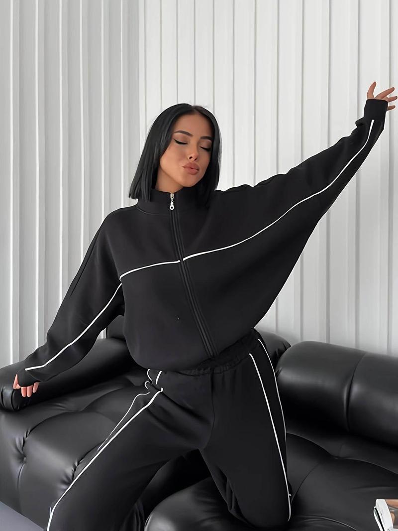 Product Introduction of Women's Striped Zip Up Jacket & Drawstring Waist Pants Two-piece Set, Casual Fashion Drop Shoulder Long Sleeve Outerwear & Trousers for Daily Wear, Women's Clothing for Fall & Winter 2