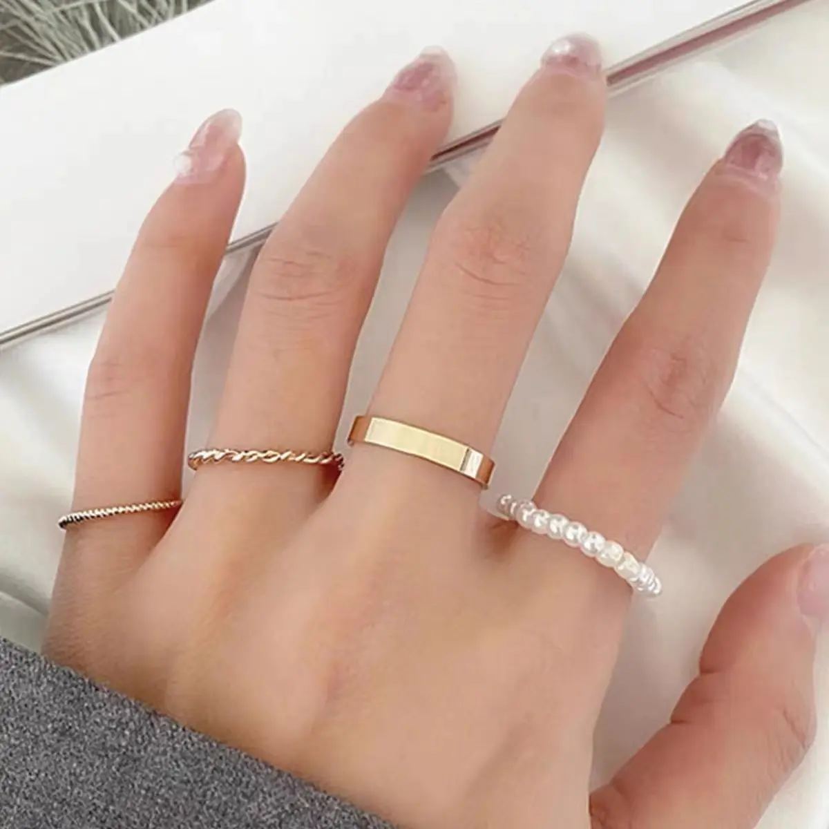Korea Wanita Mutiara Cincin Wanita Emas Cincin Logam Set Fashion Perhiasan Aksesoris