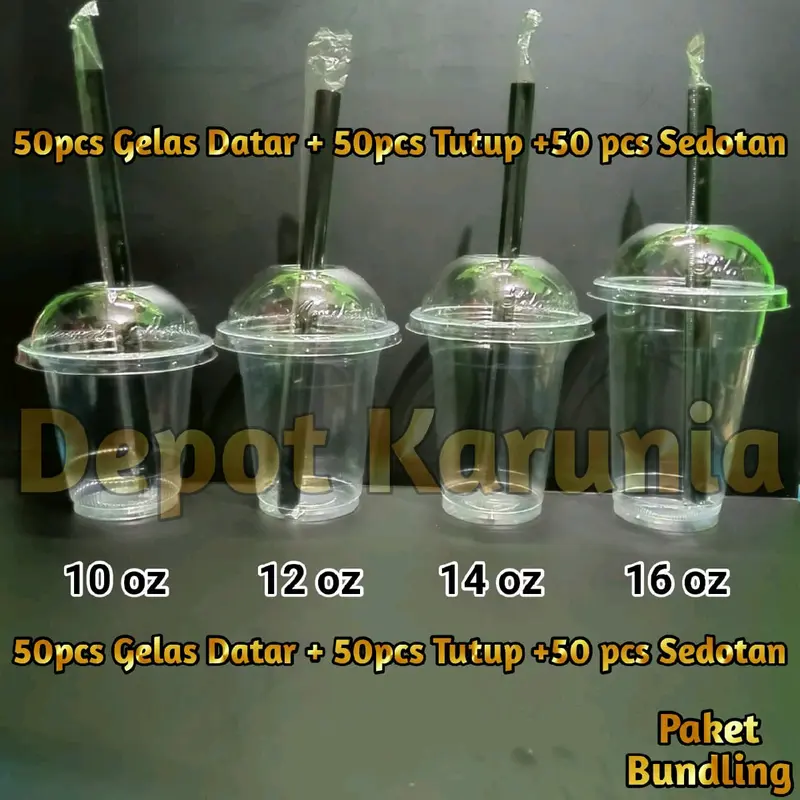 Paket 50cs Gelas Cup Plastik Datar + 50pcs Tutup + 50pcs Sedotan 0